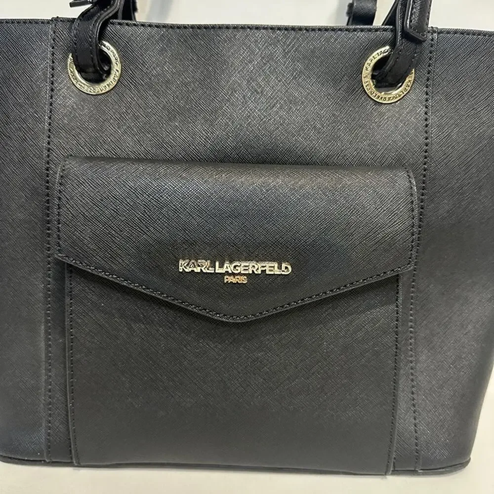 Karl Lagerfeld Black Saffiano Leather Tote Handbag Purse - Adjustable Straps - Picture 2 of 12